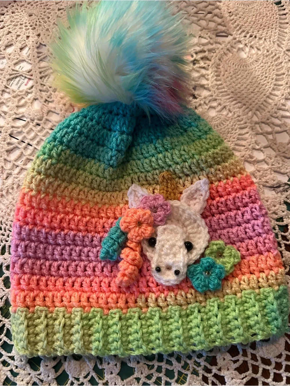 Handmade Rainbow Crochet Unicorn Beanie with Pom